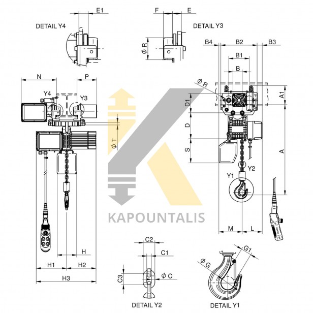 Chain hoist 2 speed with electric trolley 500kg 380V HOISTS